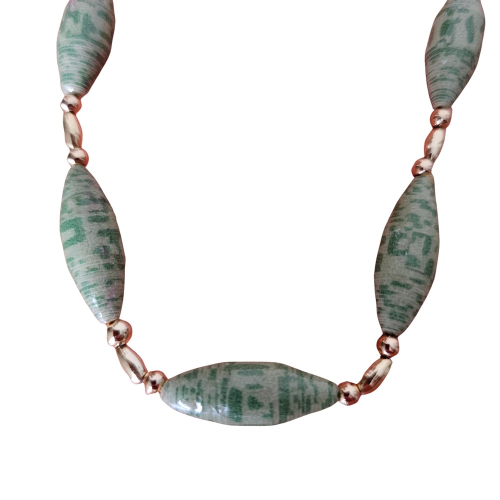 Artisan Sage Green Paper Bead Necklace Gold Tone Spacers Barrel Clasp 22 Inch